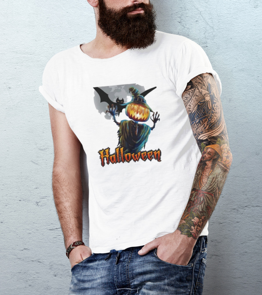 Halloween Horror Witch Straw Man Pumpkins Bat Scary Night T-Shirt