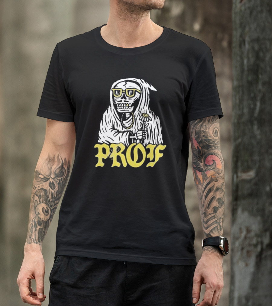 Prof Tombstones Skeleton With Yellow Glasses And Flower T-Shirt