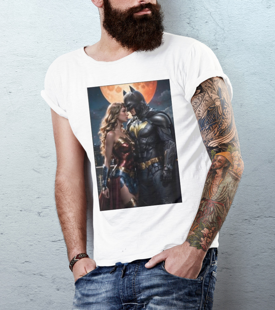 Batman And Wonder Woman Under Moonlight Romance Scene T-Shirt