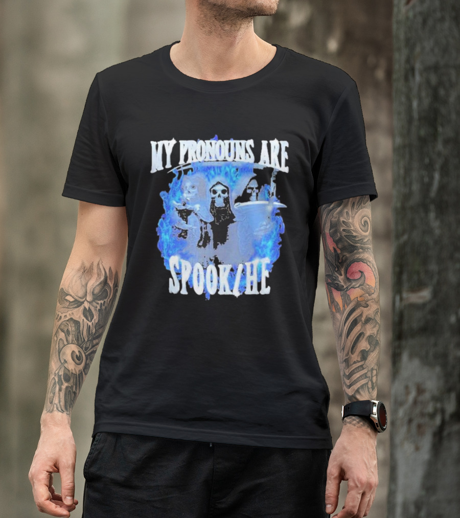 My Pronouns Are Spook He Blue Flames Grim Reaper Trio T-Shirt