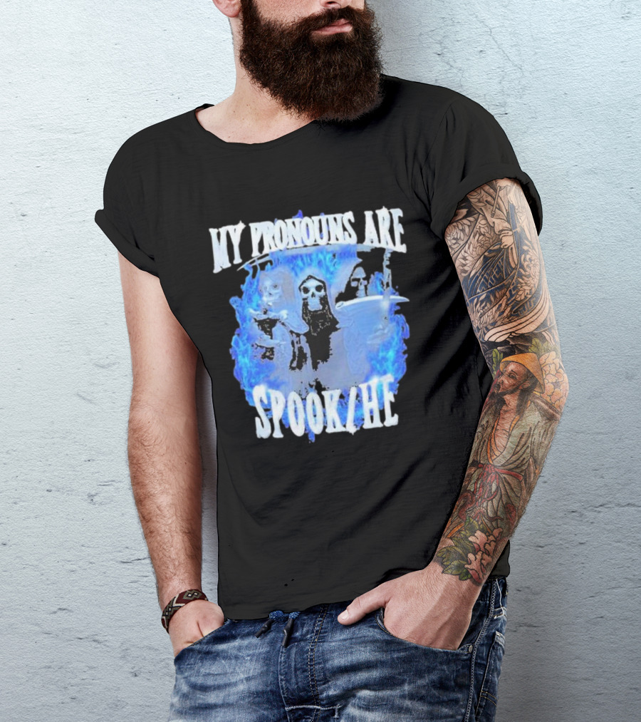 My Pronouns Are Spook He Blue Flames Grim Reaper Trio T-Shirt