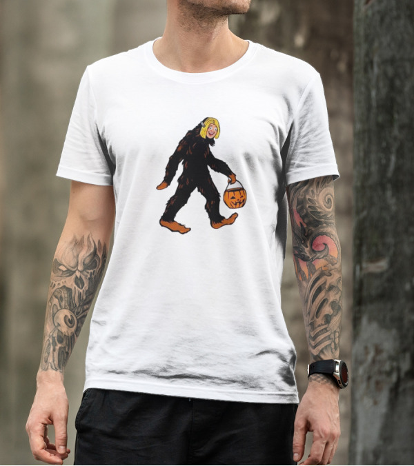 Mystical Halloween Sasquatch Holding Pumpkin Bucket Spooky Costume T-Shirt