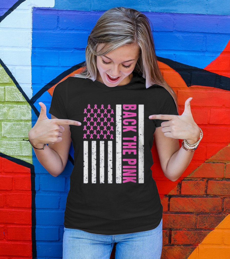 Back The Pink Breast Cancer Awareness American Flag Ribbons T-Shirt