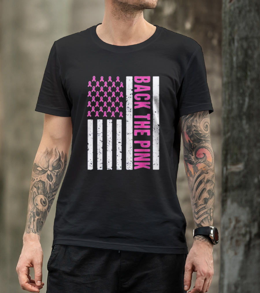 Back The Pink Breast Cancer Awareness American Flag Ribbons T-Shirt
