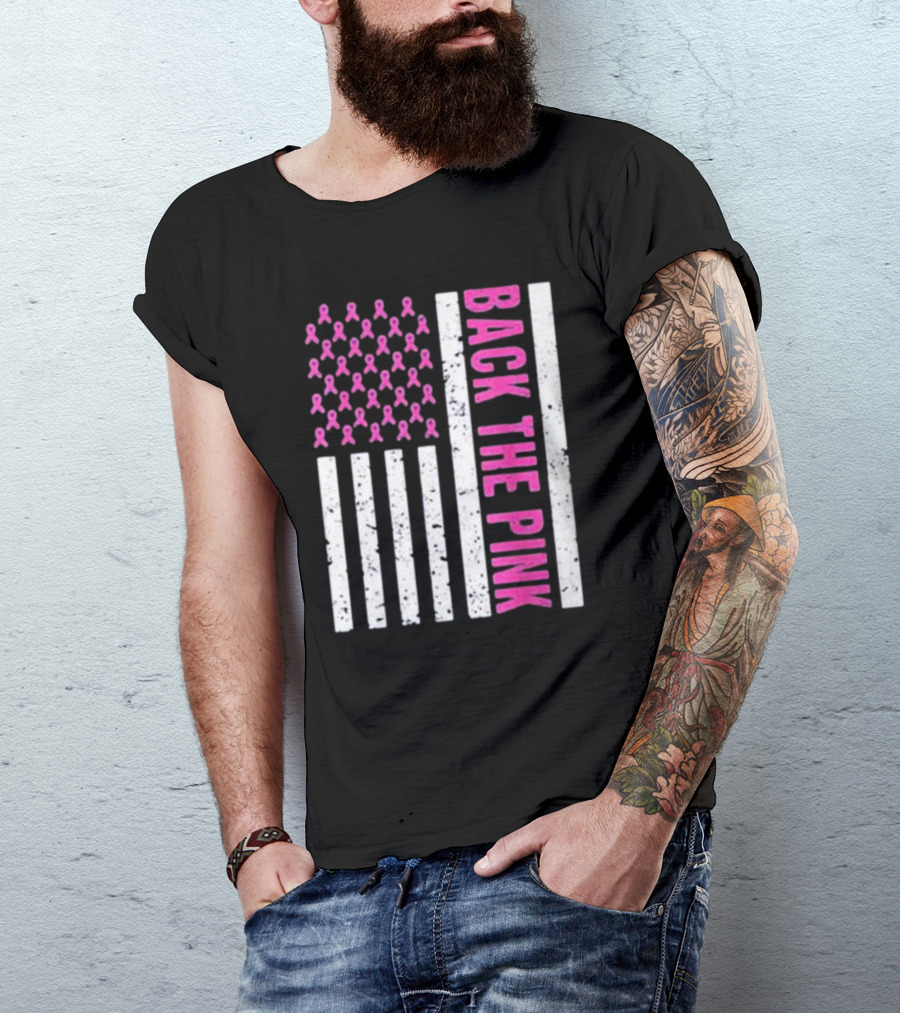 Back The Pink Breast Cancer Awareness American Flag Ribbons T-Shirt