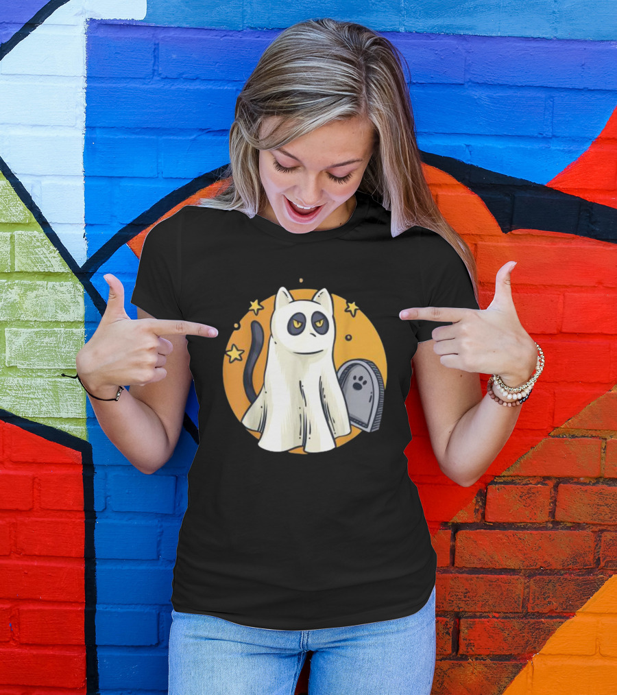 Cute Ghost Cat Halloween Outfit Black Cat With Stars And Tombstone T-Shirt