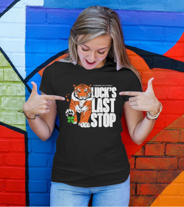 Clemson Volleyball Tiger Luck's Last Stop Tiger Paw With Clover T-Shirt