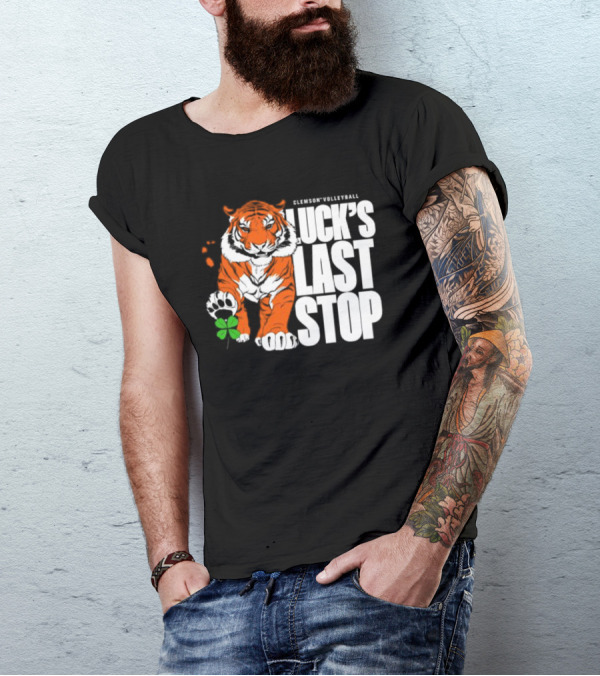 Clemson Volleyball Tiger Luck's Last Stop Tiger Paw With Clover T-Shirt