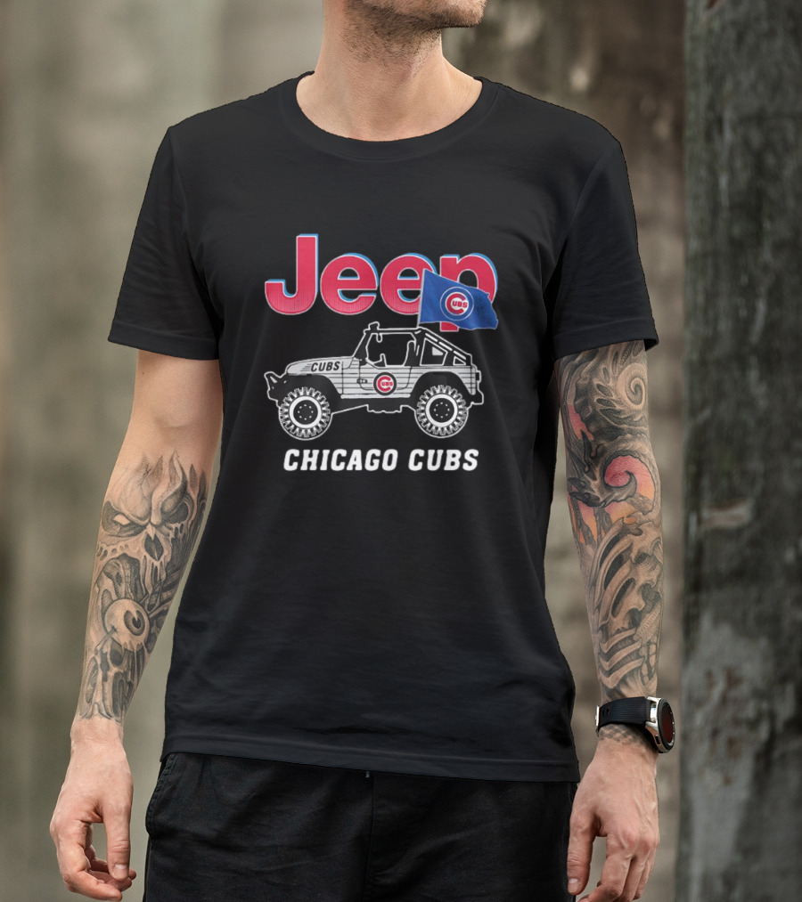 Jeep Chicago Cubs Logo With Jeep And Cubs Flag T-Shirt