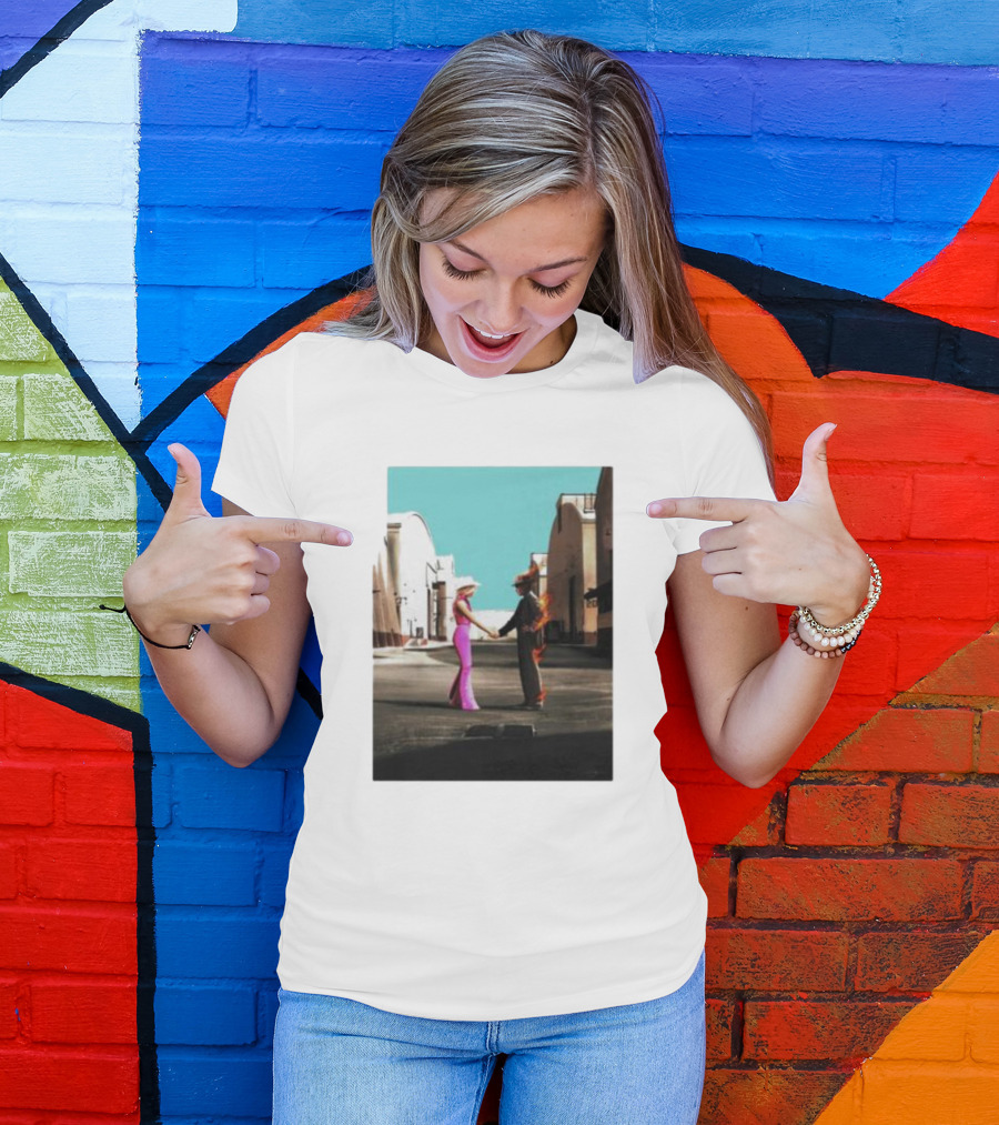 Barbenheimer Picture Woman In Pink And Flaming Figure In Studio Setting T-Shirt