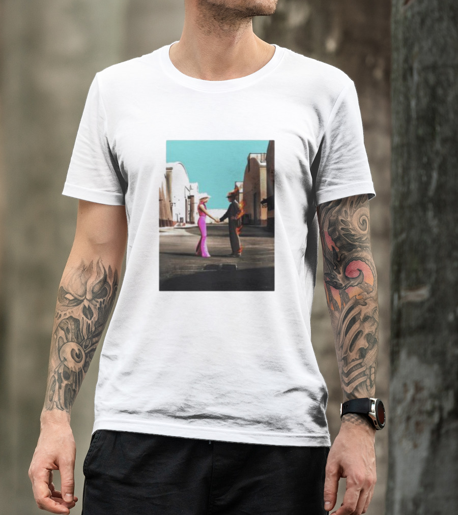Barbenheimer Picture Woman In Pink And Flaming Figure In Studio Setting T-Shirt