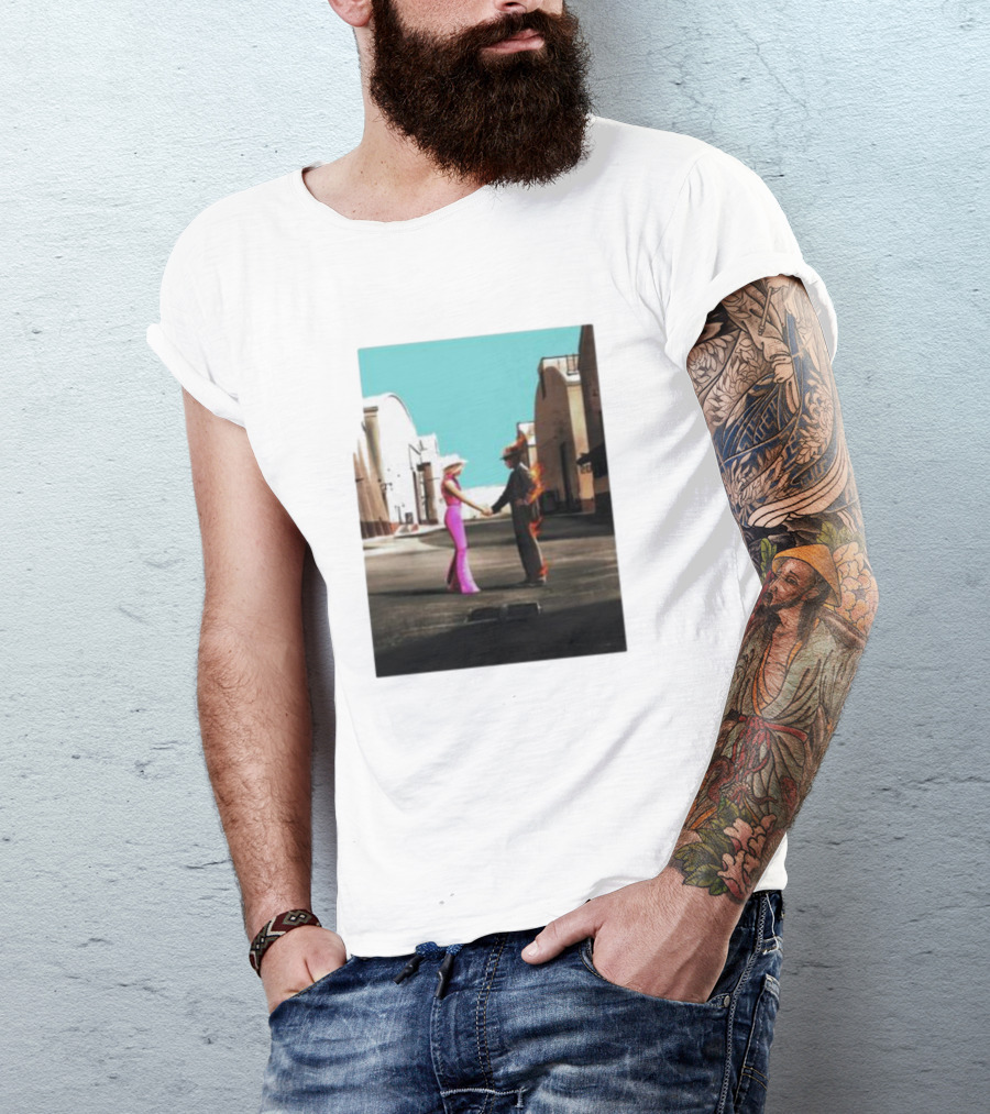 Barbenheimer Picture Woman In Pink And Flaming Figure In Studio Setting T-Shirt