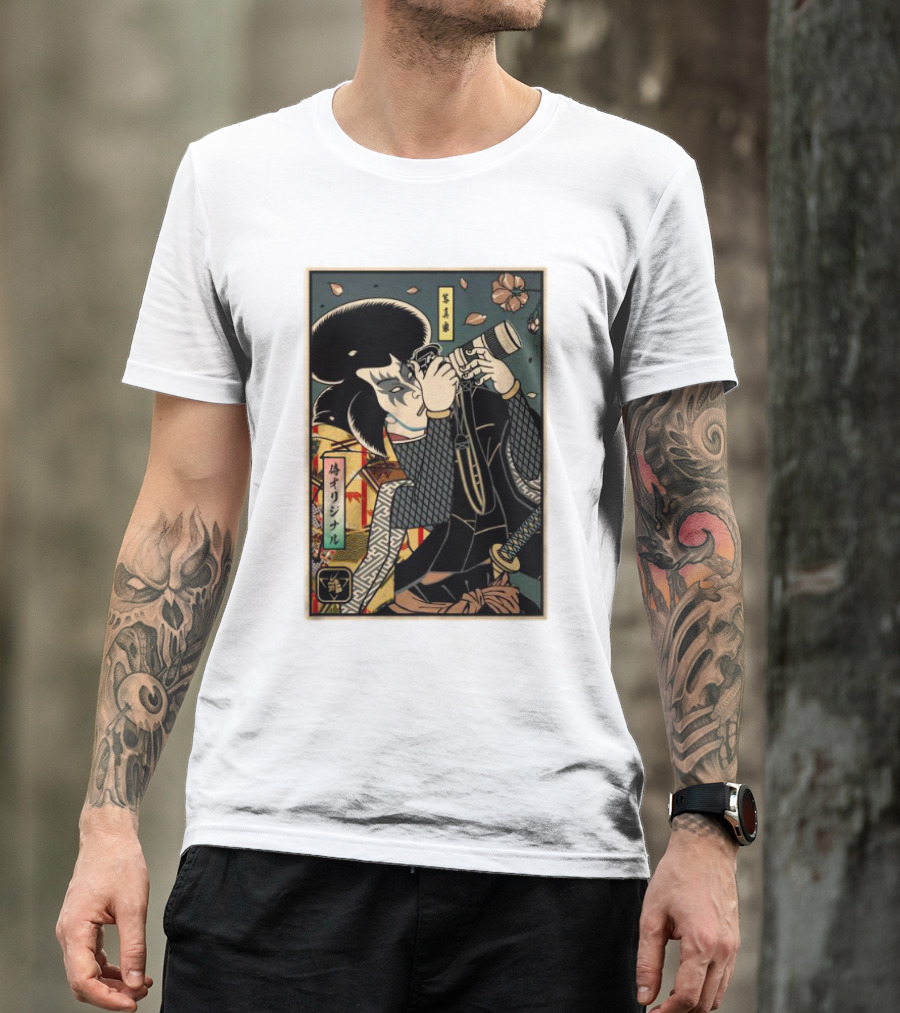 Samurai Ukiyo-e Style Photographer With Katana And Cherry Blossoms T-Shirt