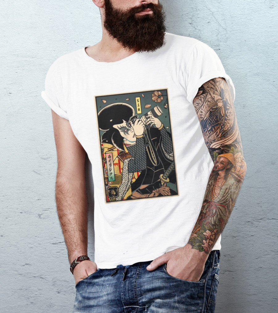 Samurai Ukiyo-e Style Photographer With Katana And Cherry Blossoms T-Shirt