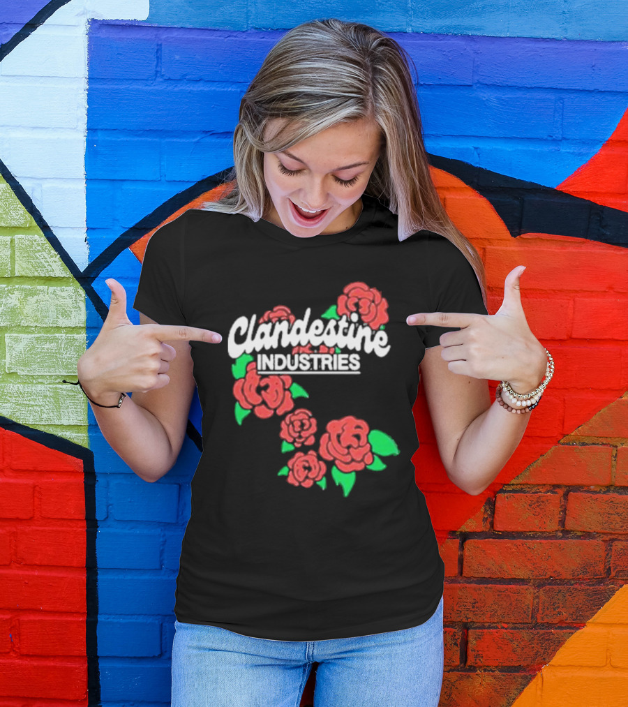 Clandestine Industries Roses Band With Red And Green Elements T-Shirt