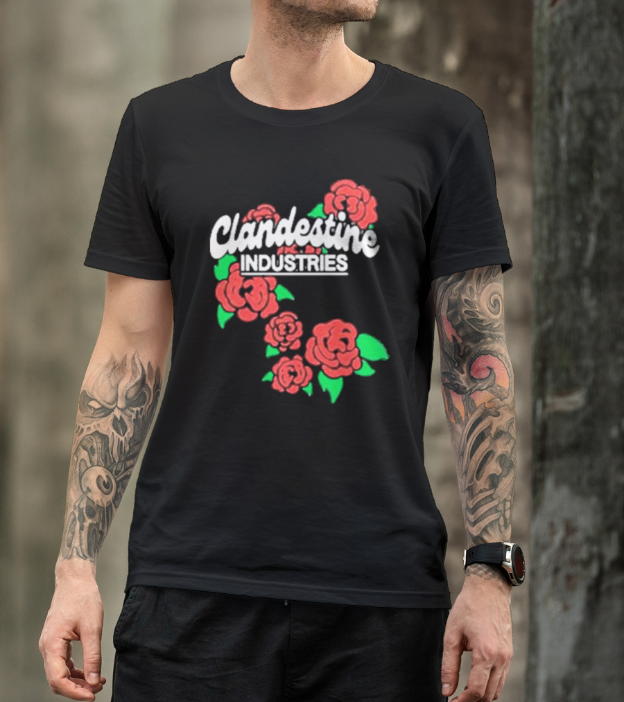 Clandestine Industries Roses Band With Red And Green Elements T-Shirt