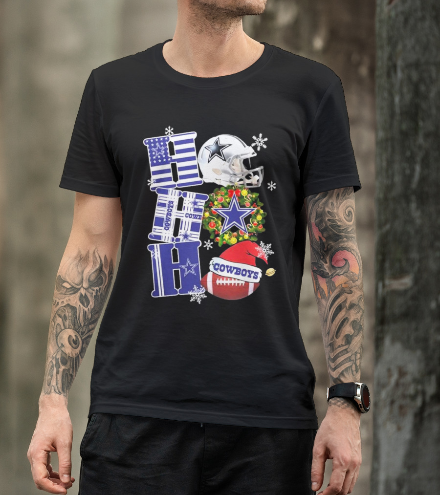 Dallas Cowboys Ho Ho Ho Merry Christmas Football Helmet Wreath Snowflakes T-Shirt