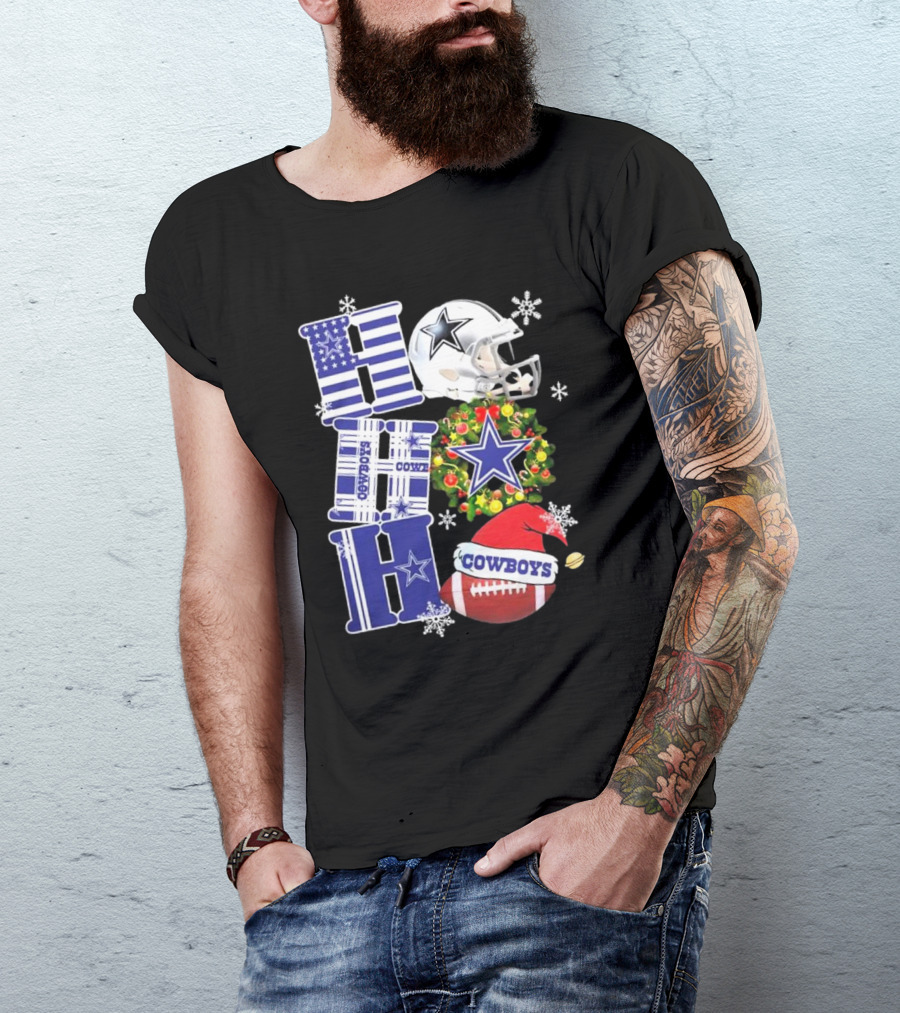 Dallas Cowboys Ho Ho Ho Merry Christmas Football Helmet Wreath Snowflakes T-Shirt