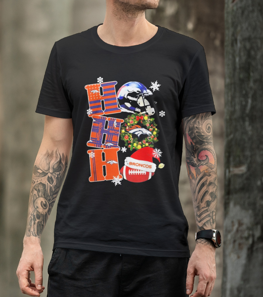 Denver Broncos Ho Ho Ho Merry Christmas Football Helmet Wreath Snowflakes Santa Hat T-Shirt