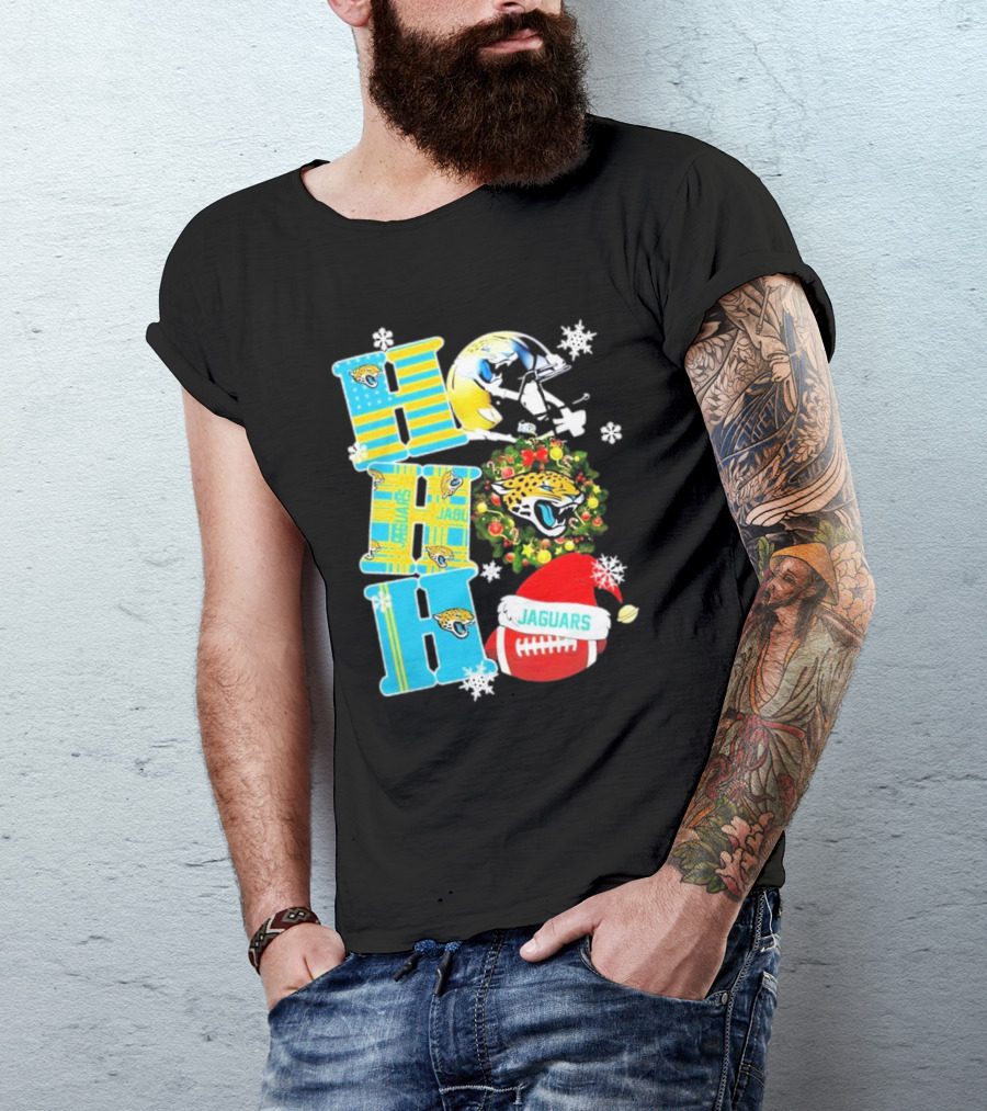 Jacksonville Jaguars Ho Ho Ho Merry Christmas Football Santa Hat Snowflakes Wreath T-Shirt