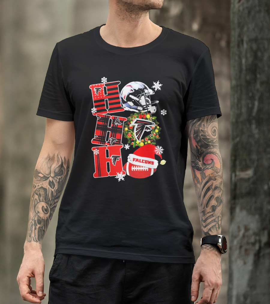 Atlanta Falcons Ho Ho Ho Merry Christmas Helmet Wreath Snowflakes Football Holiday T-Shirt
