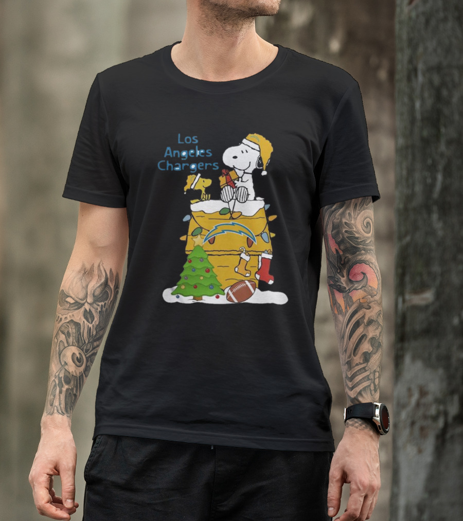 Santa Snoopy Woodstock Los Angeles Chargers Christmas Tree Football Socks T-Shirt