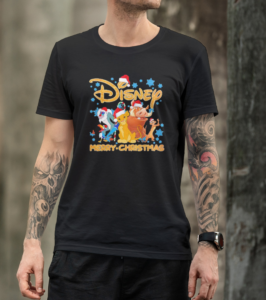 Disney Merry Christmas The Lion King Characters Santa Hats Snowflakes T-Shirt