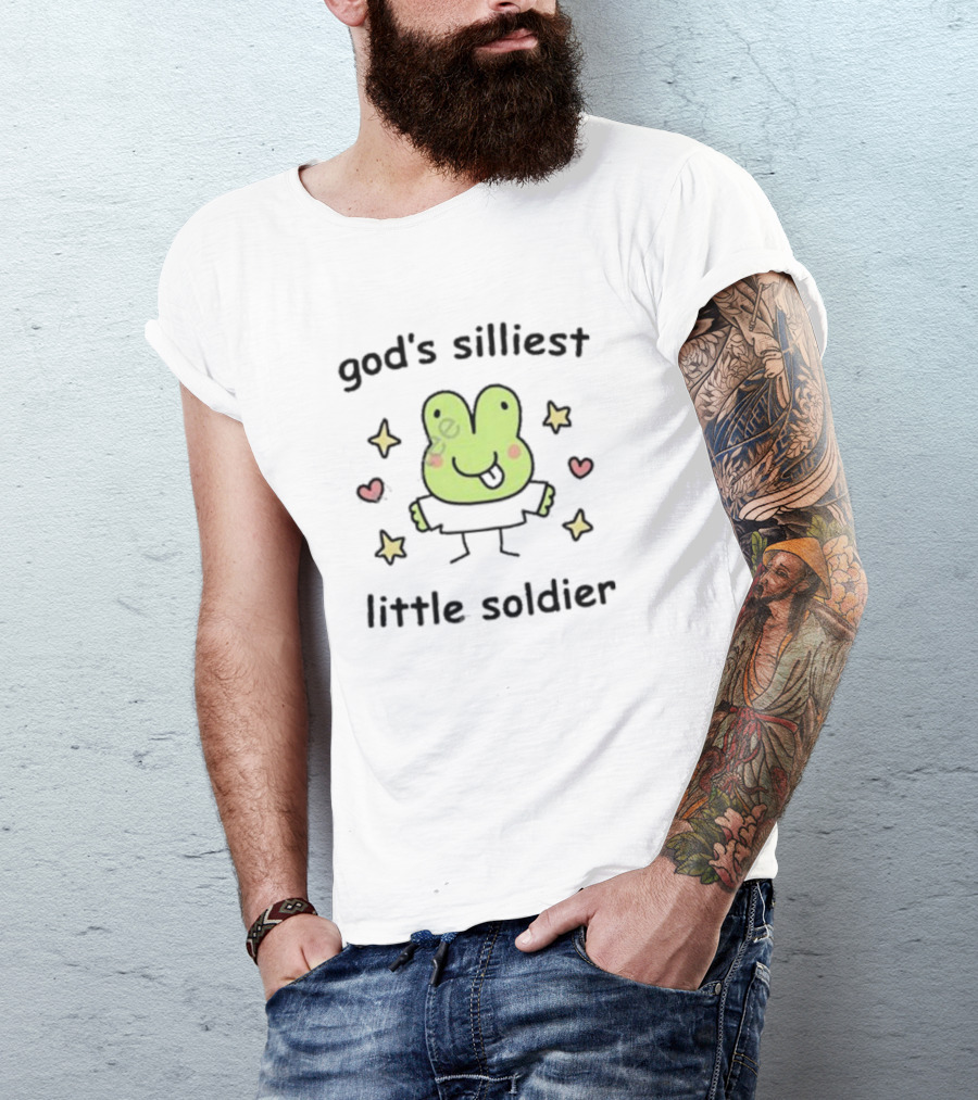 God's Silliest Little Soldier Cute Cartoon Frog With Stars And Hearts T-Shirt