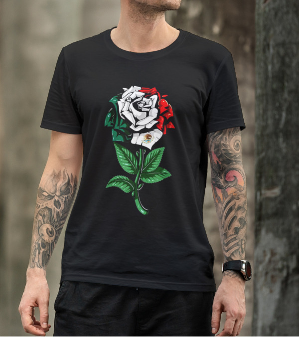 Rose In Colors Of Mexican Flag With Emblem T-Shirt