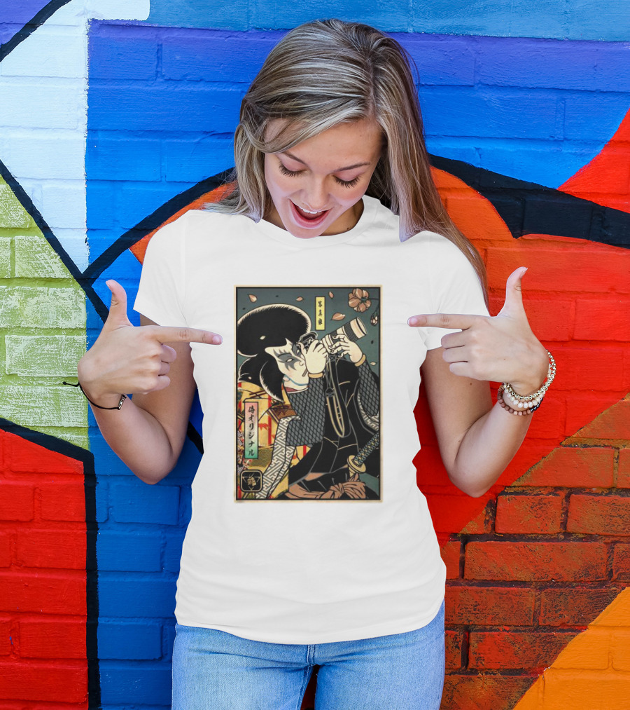 Samurai Photographer Ukiyo-e Style With Vintage Floral Elements T-Shirt