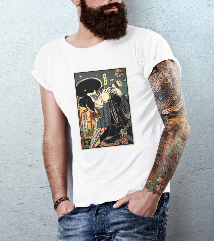 Samurai Photographer Ukiyo-e Style With Vintage Floral Elements T-Shirt
