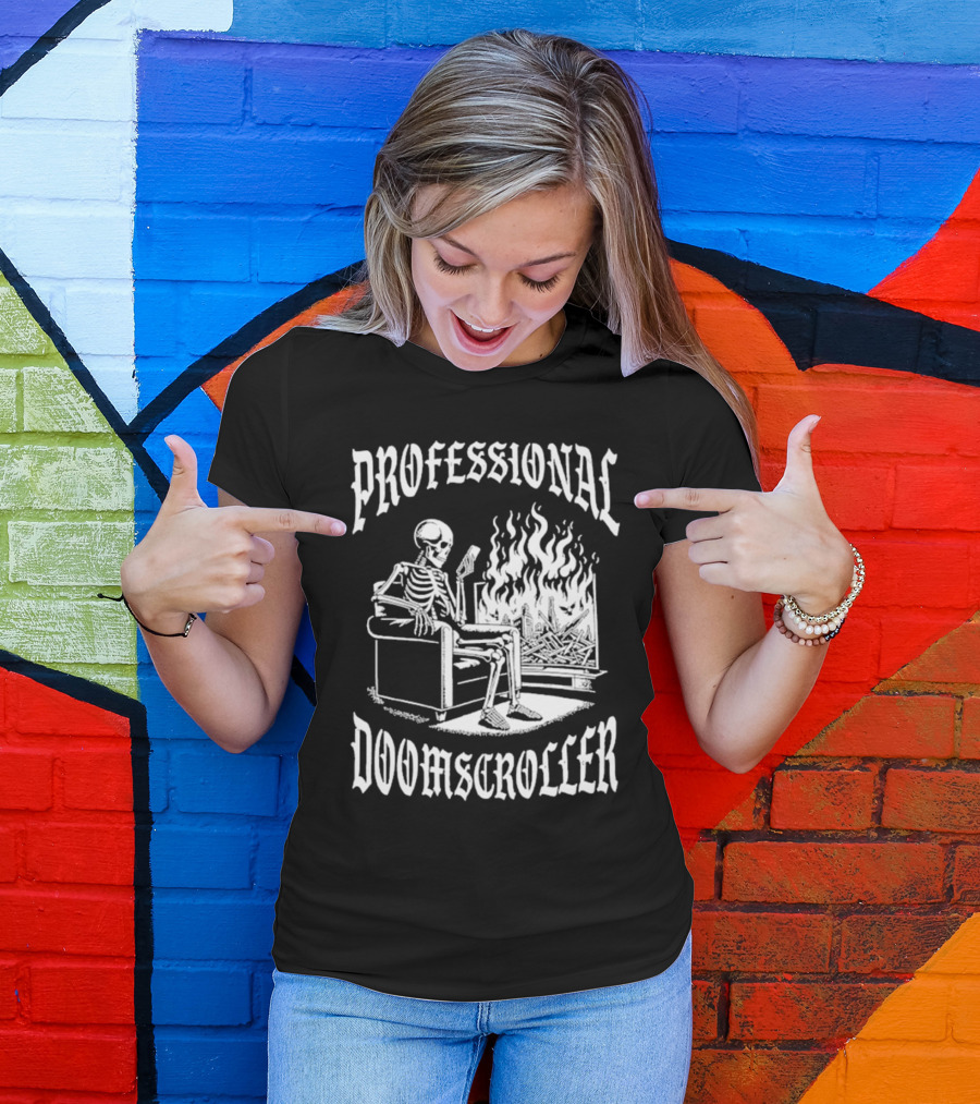 Professional Doomscroller Skeleton By Fireplace T-Shirt