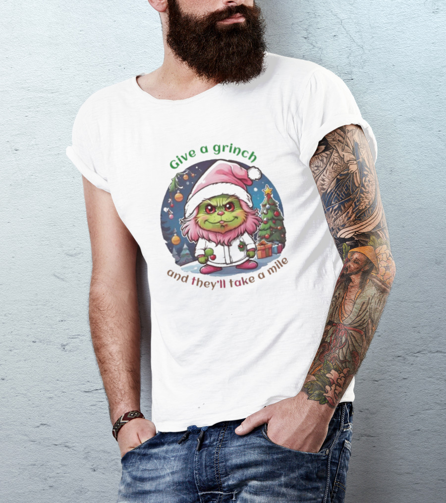 Chibi Pink Grinch Christmas Scene Give A Grinch And They’ll Take A Mile T-Shirt
