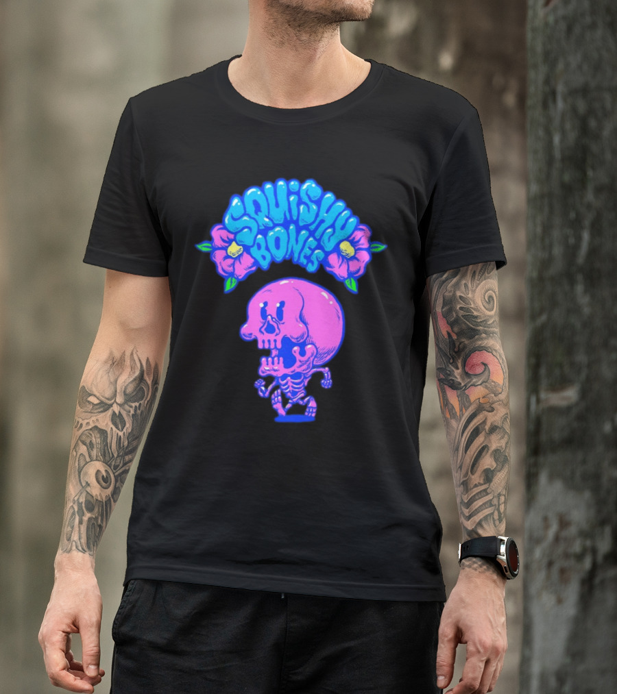 Danny Gonzalez Squishy Bones Vibrant Skull And Flowers Navy T-Shirt