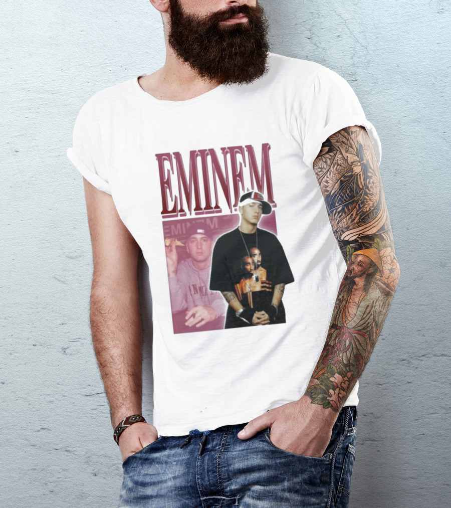 EMINEM Wearing Tupac Images Iconic Hip Hop Crossover T-Shirt