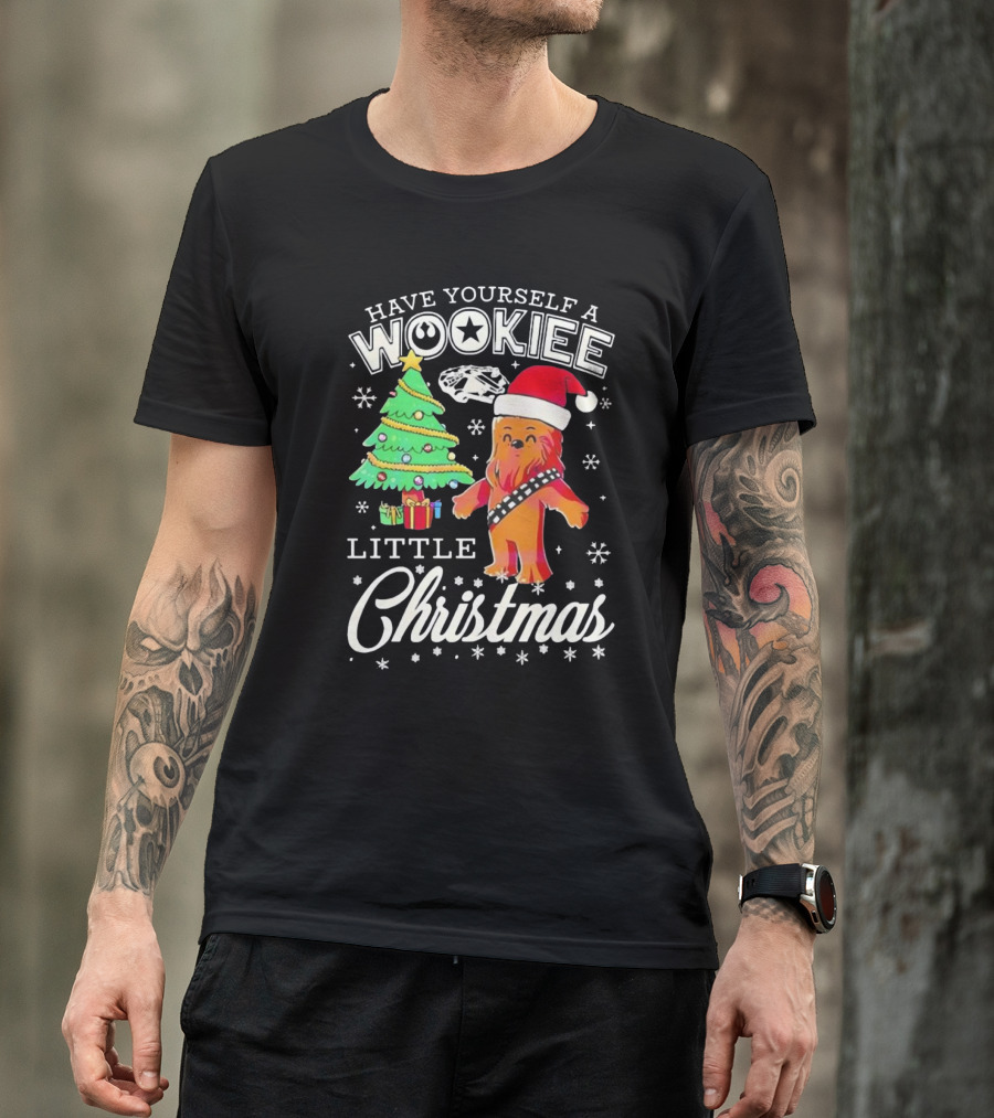 Have Yourself A Wookiee Little Christmas Tree Chewbacca Santa Hat Millennium Falcon Snowflakes T-Shirt