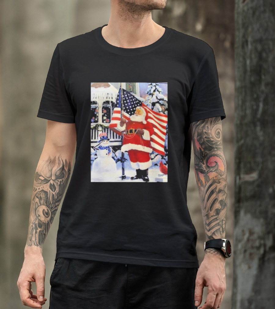 Santa Claus And Snowman With American Flag In Winter Scene T-Shirt