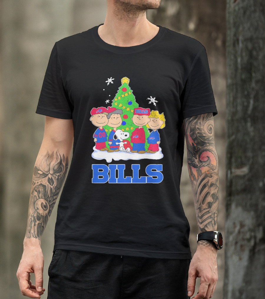 Peanuts Characters With Buffalo Bills Christmas Tree And Snowflakes T-Shirt