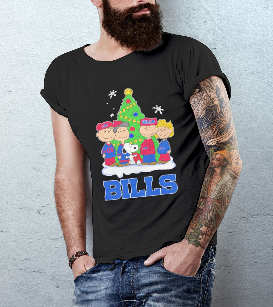 Peanuts Characters With Buffalo Bills Christmas Tree And Snowflakes T-Shirt