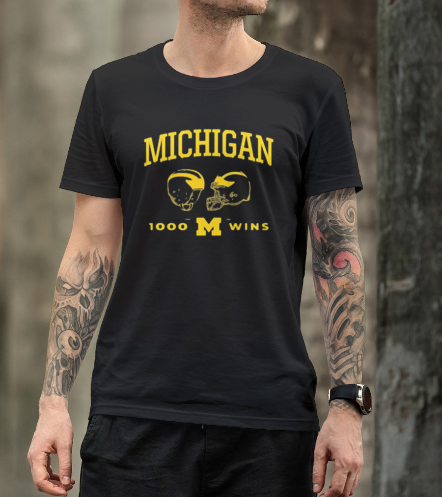 Michigan Wolverines Football 1000 Wins Celebration Dual Helmet T-Shirt