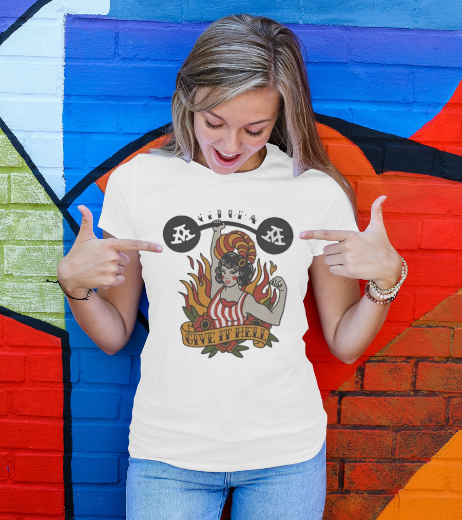 Get Up Give It Hell Retro Strongwoman Flames Barber Pole Haircurl Stripes Roses Boxing Gym Vintage T-Shirt