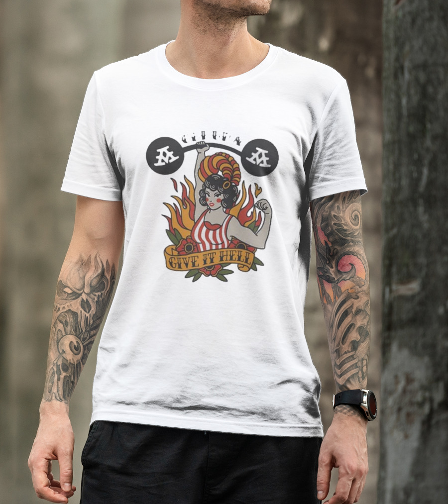Get Up Give It Hell Retro Strongwoman Flames Barber Pole Haircurl Stripes Roses Boxing Gym Vintage T-Shirt