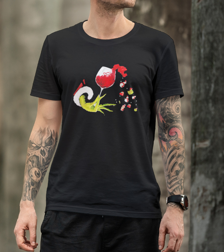 Grinch Hand Christmas Wine Glass Festive Holiday T-Shirt
