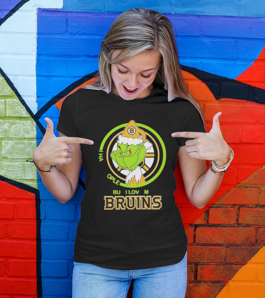 The Grinch Santa Boston Bruins I Hate People But Love My Hockey Team T-Shirt