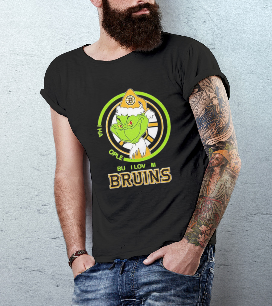 The Grinch Santa Boston Bruins I Hate People But Love My Hockey Team T-Shirt