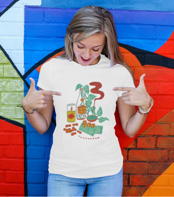 Quarenscene Natural Topo Chico Bottle With Dice, Peanuts, Dollar Bills, Glass, And Smoking Pipe Scene T-Shirt