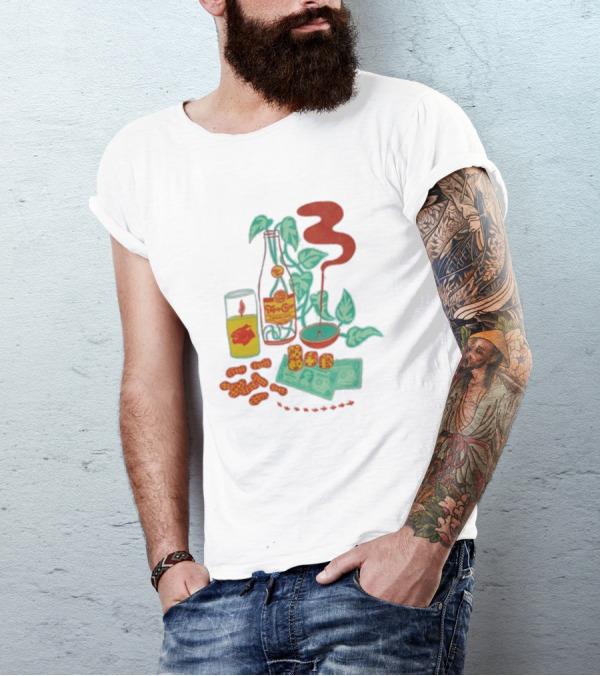 Quarenscene Natural Topo Chico Bottle With Dice, Peanuts, Dollar Bills, Glass, And Smoking Pipe Scene T-Shirt