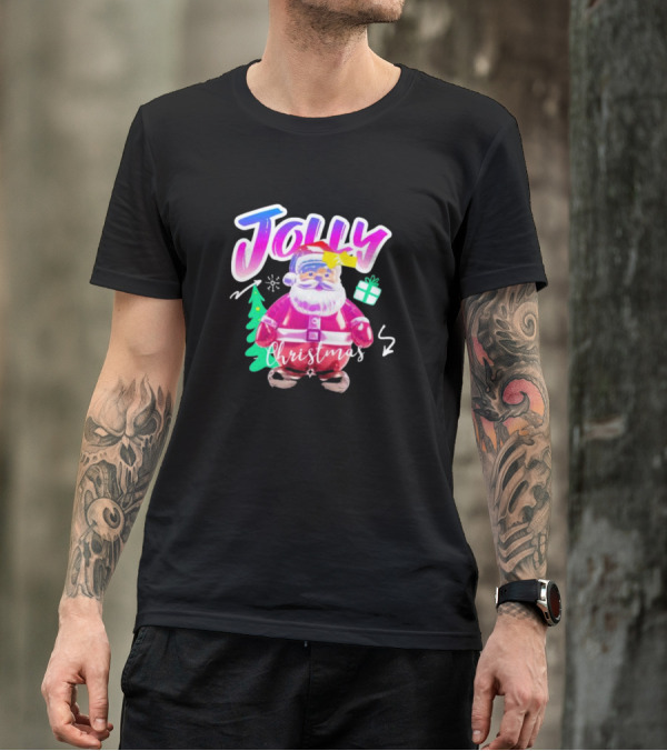 Jolly Merry Christmas Santa Balloon With Gift And Christmas Tree T-Shirt