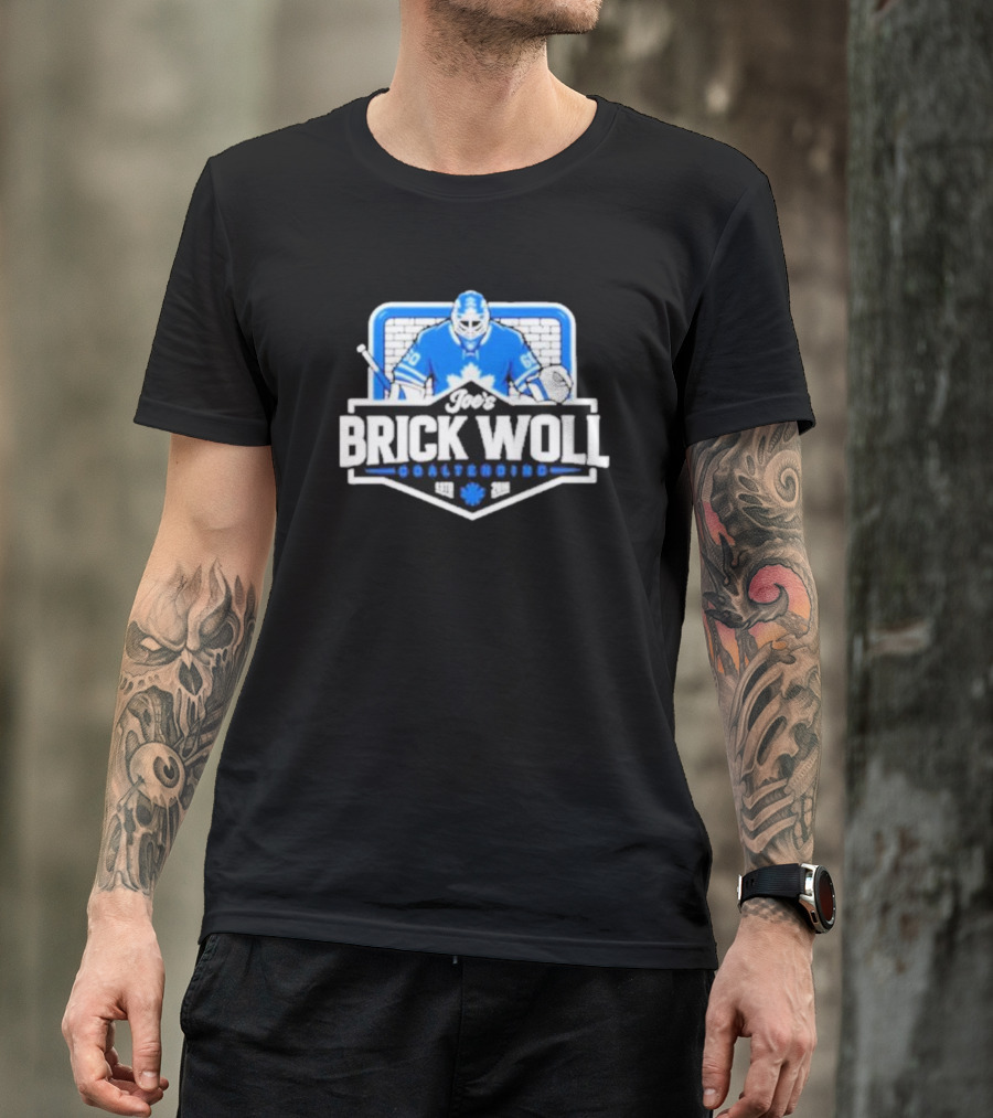 Joe's Brick Woll Goaltending Hockey Maple Leafs 60 Blue Goalie Blocking Net T-Shirt