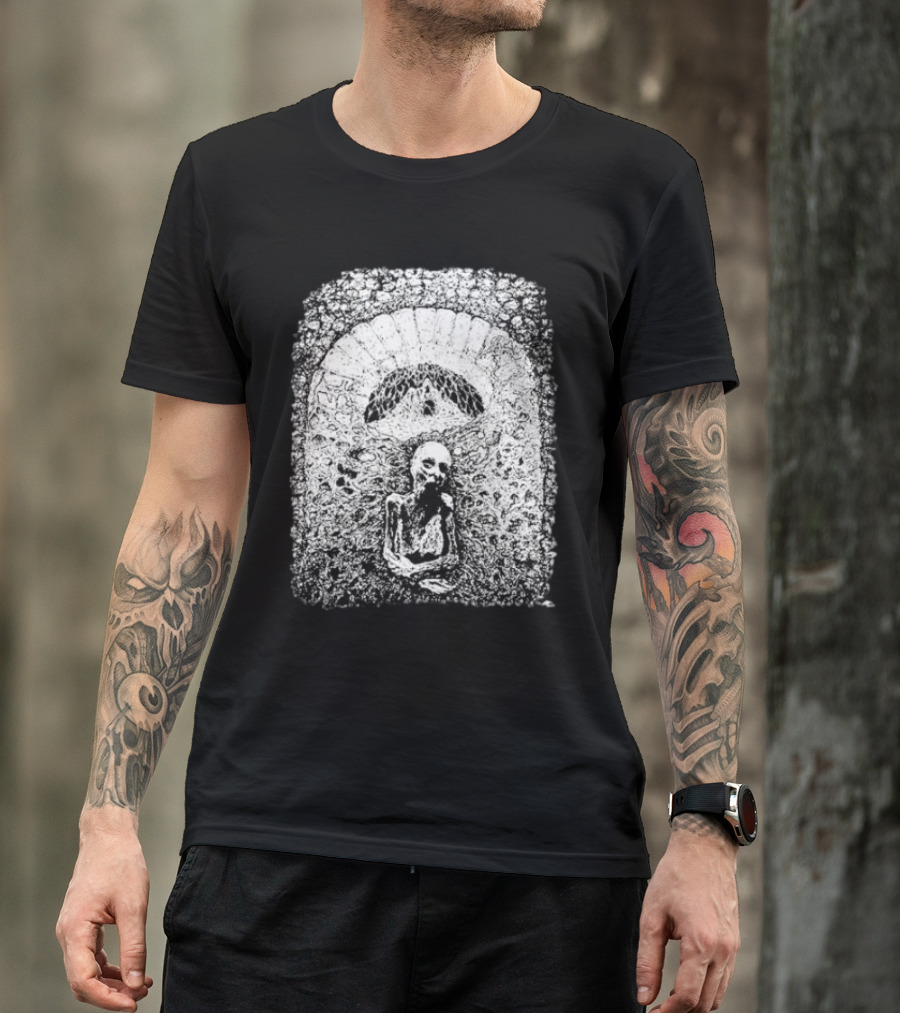 Mortiferum Cave Dweller Skeleton In Gothic Archway T-Shirt